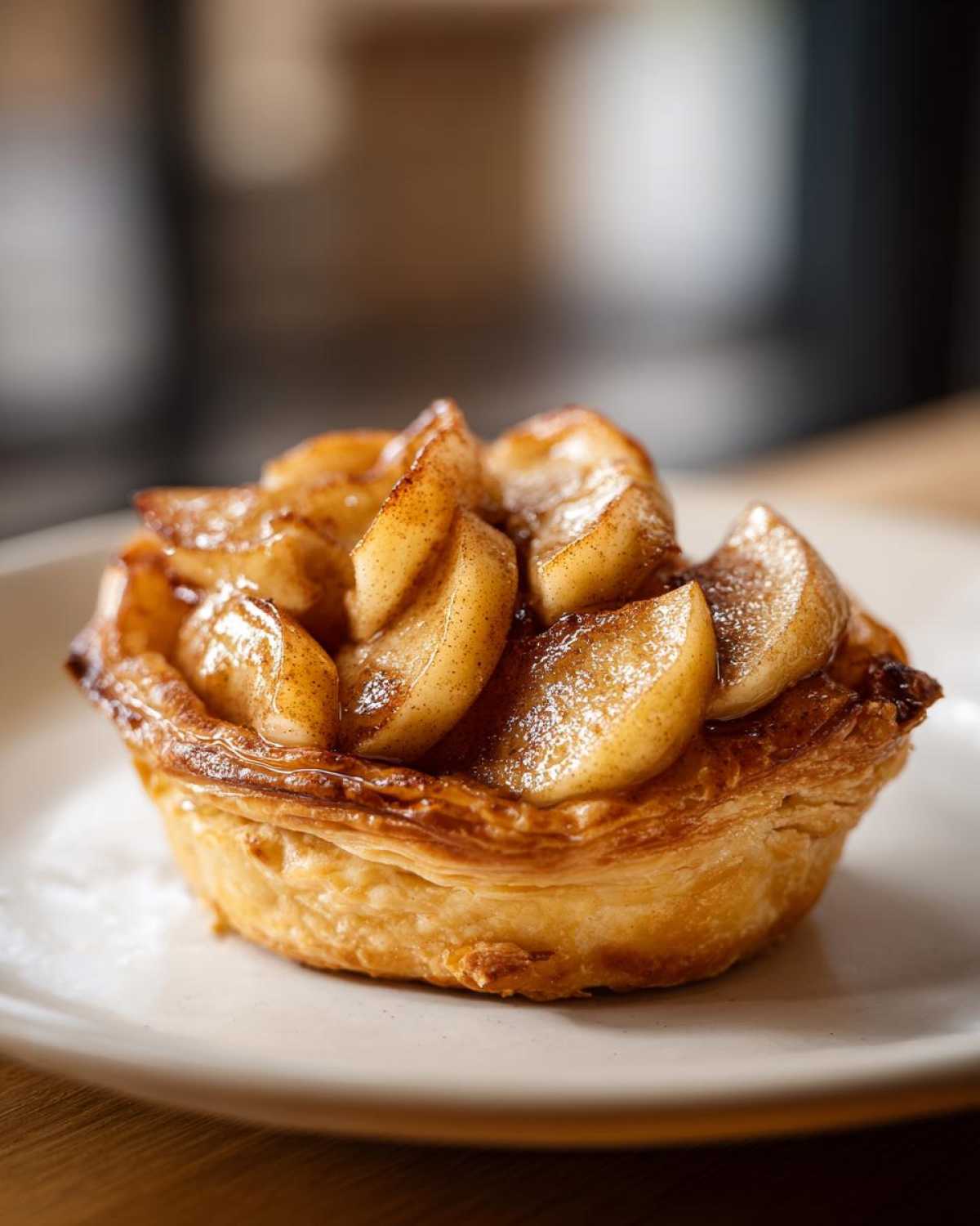 Pojedyncze, złociste szybkie ciastka francuskie z jabłkami ułożonymi na wierzchu, posypane cynamonem.