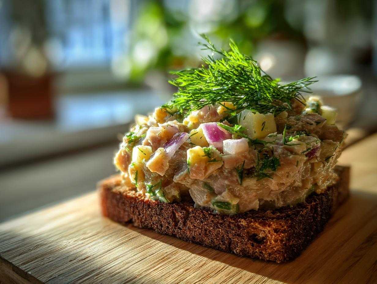 Wykwintny tatar ze śledzia na pumperniklu, udekorowany koperkiem, na drewnianej desce.