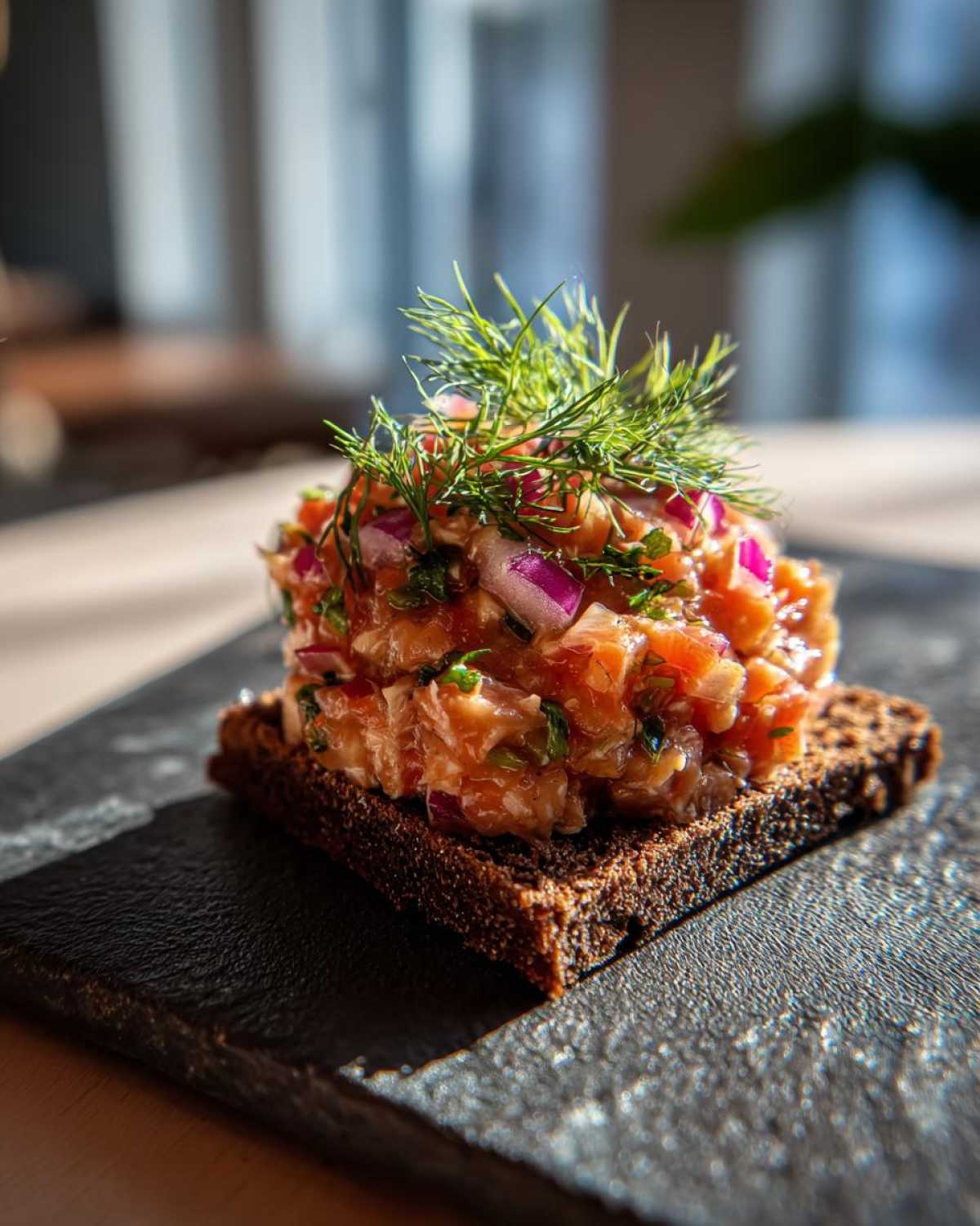 Wykwintny tatar ze śledzia na kawałku pumpernikla, udekorowany koperkiem i czerwoną cebulą.