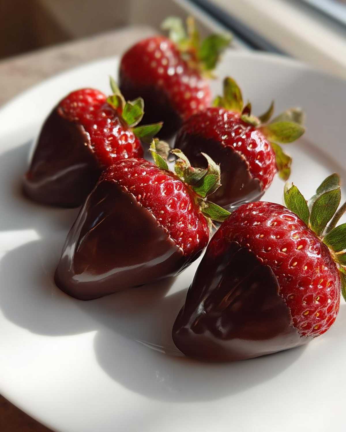 Zbliżenie na pięć świeżych truskawek w czekoladzie, ułożonych na białym talerzu.