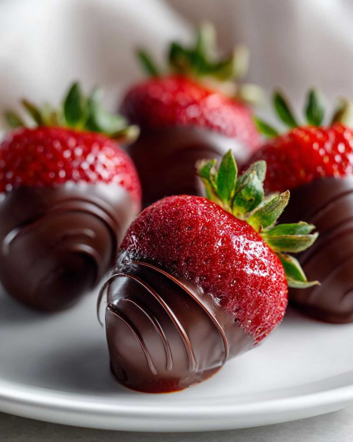 Zbliżenie na soczyste truskawki w czekoladzie, jedna z nich ozdobiona delikatnymi paskami czekolady.