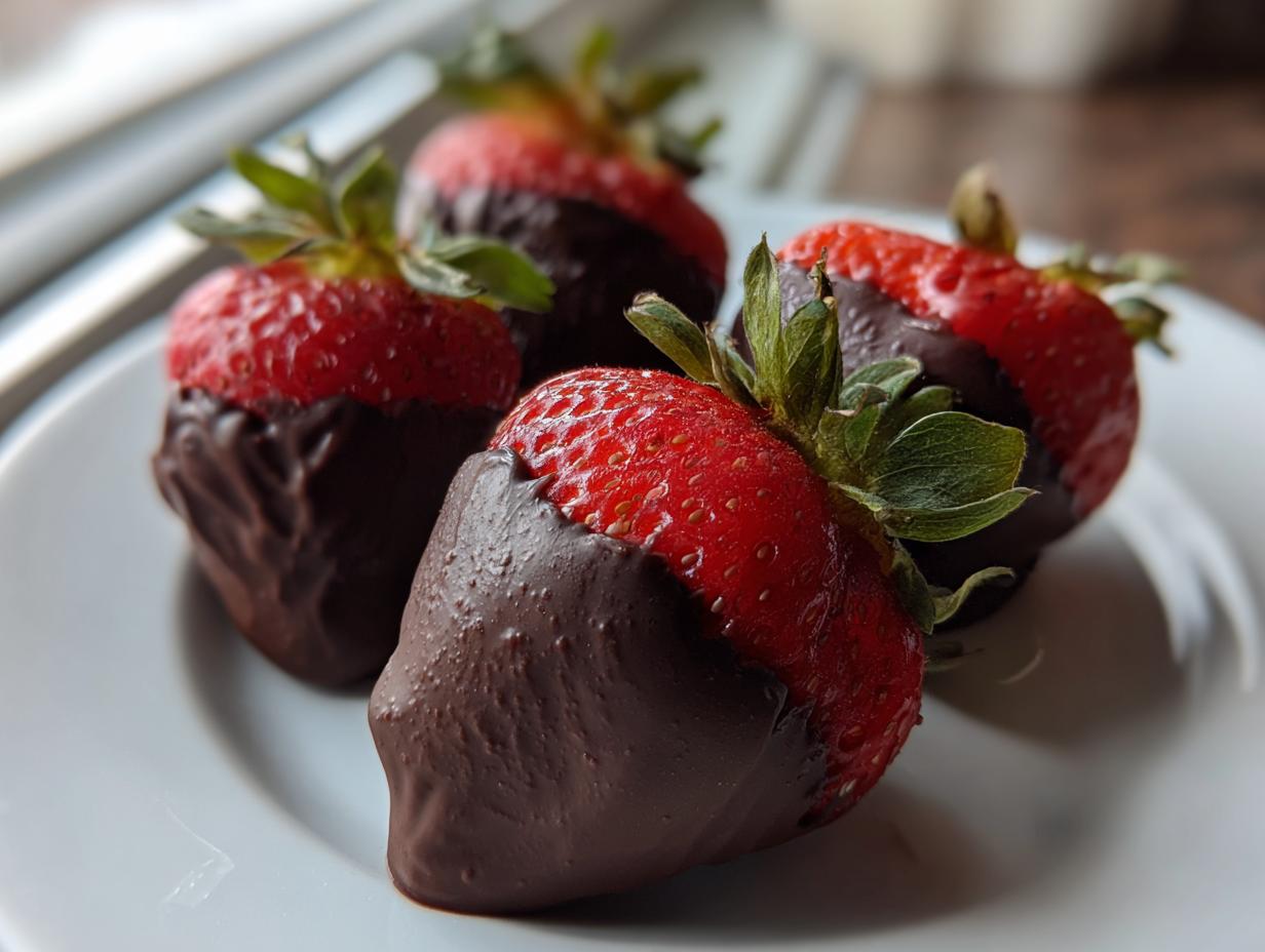 Zbliżenie na cztery soczyste truskawki w czekoladzie, idealne do deseru.
