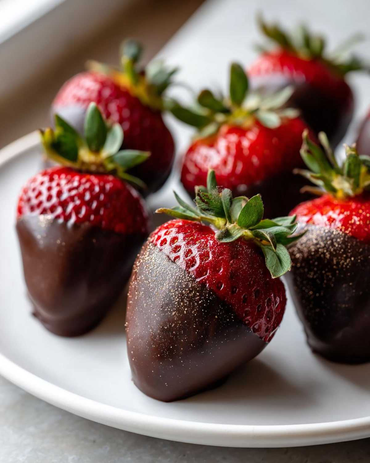 Zbliżenie na świeże truskawki w czekoladzie, posypane złotym brokatem, gotowe do podania.