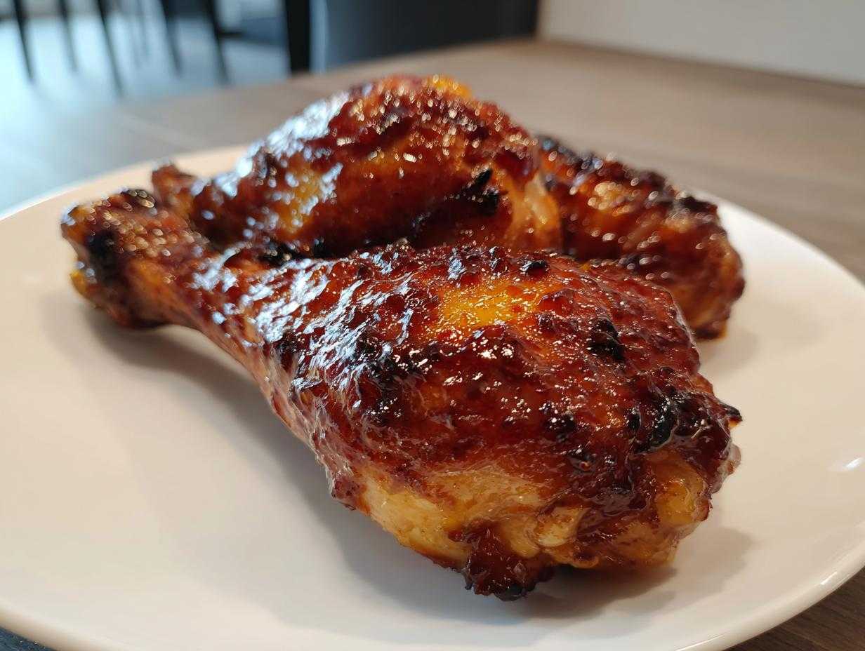 Dwa apetyczne udka z kurczaka w miodzie z błyszczącą, karmelizowaną skórką, podane na białym talerzu.