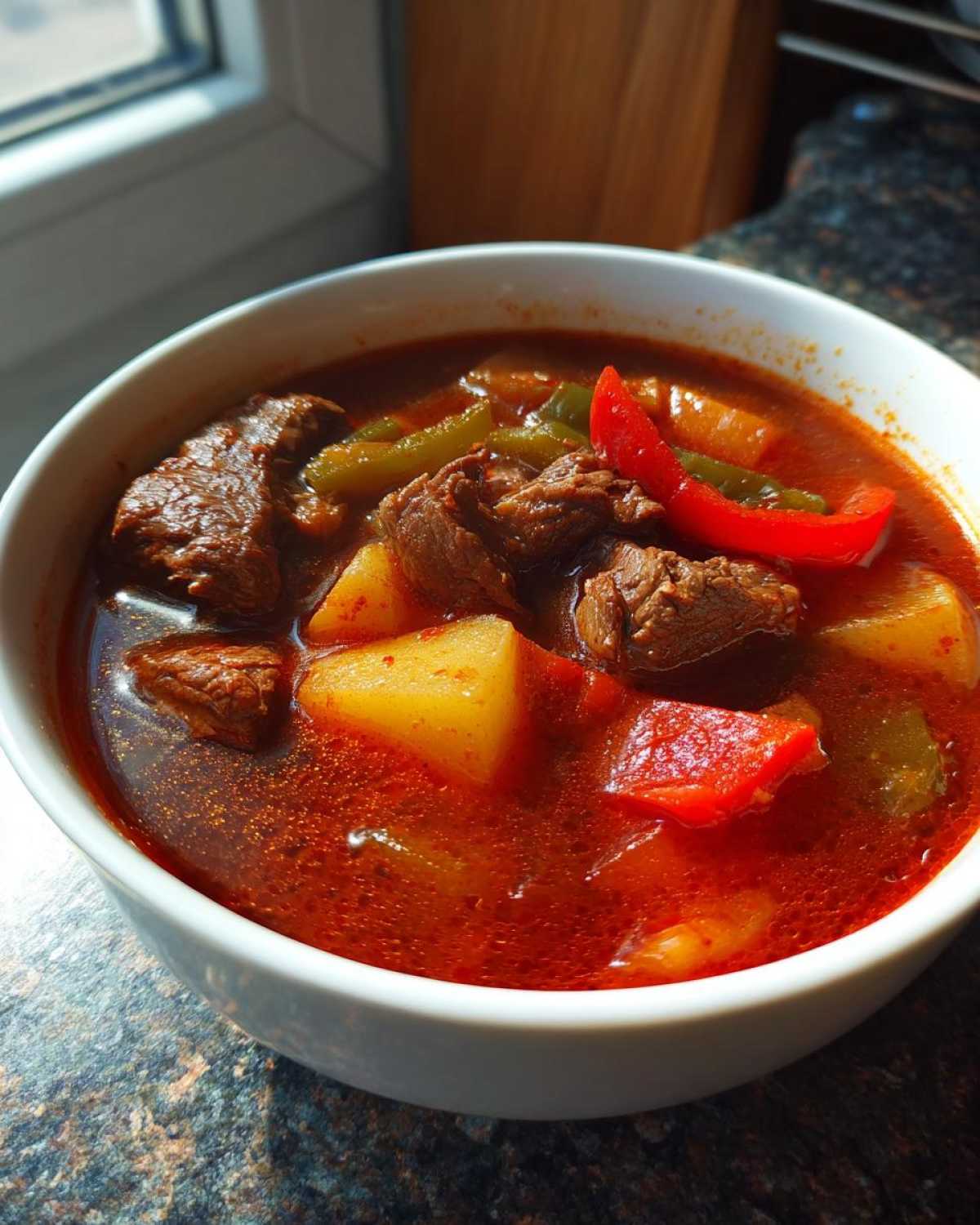 Zbliżenie na miskę pełną gorącej i aromatycznej zupy gulaszowej z papryką, widoczne kawałki wołowiny i ziemniaków.