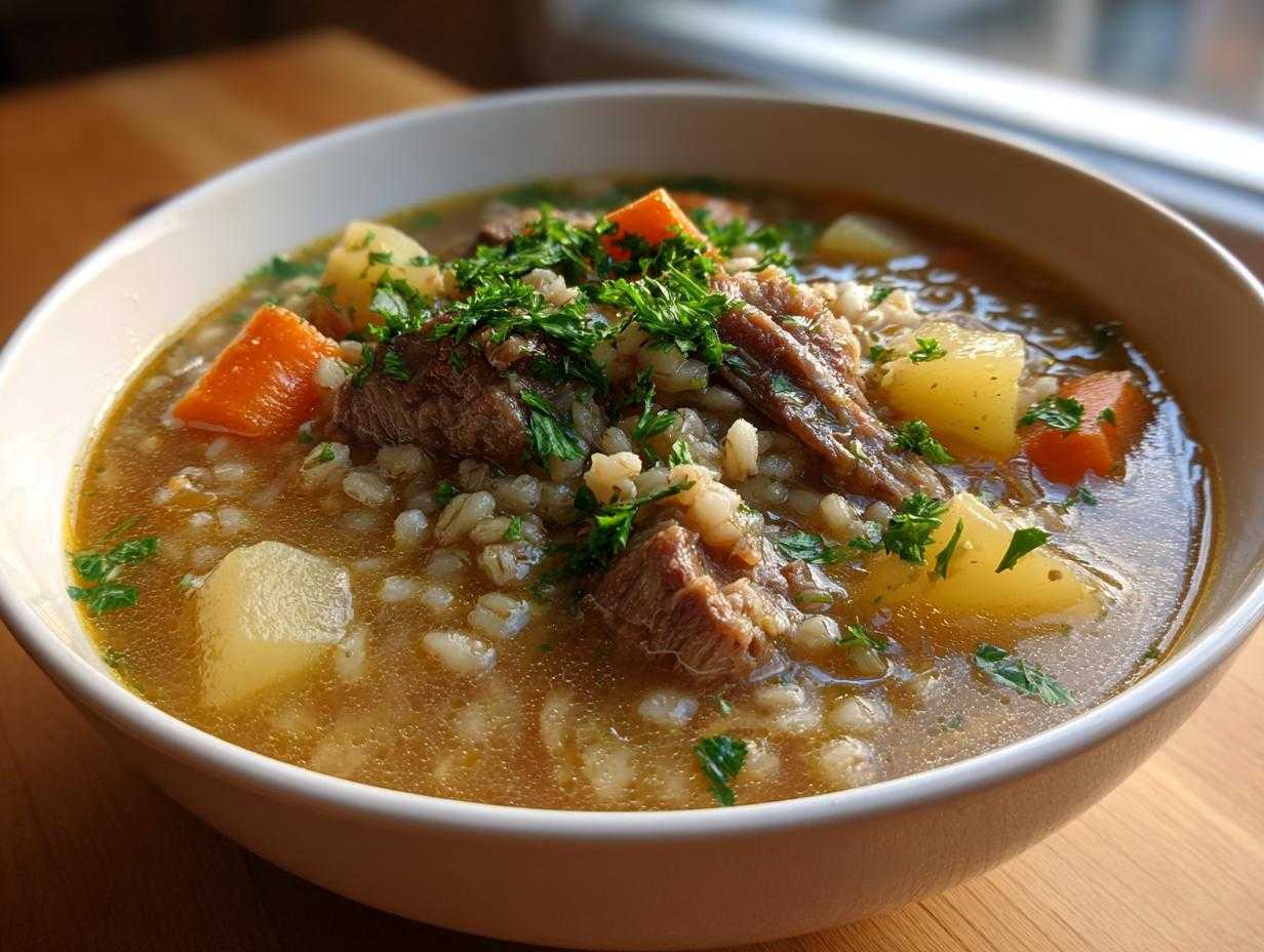 Miseczka pełna aromatycznej zupy krupnik na żeberkach z kaszą jęczmienną, kawałkami mięsa, marchewką i pietruszką, posypana koperkiem.