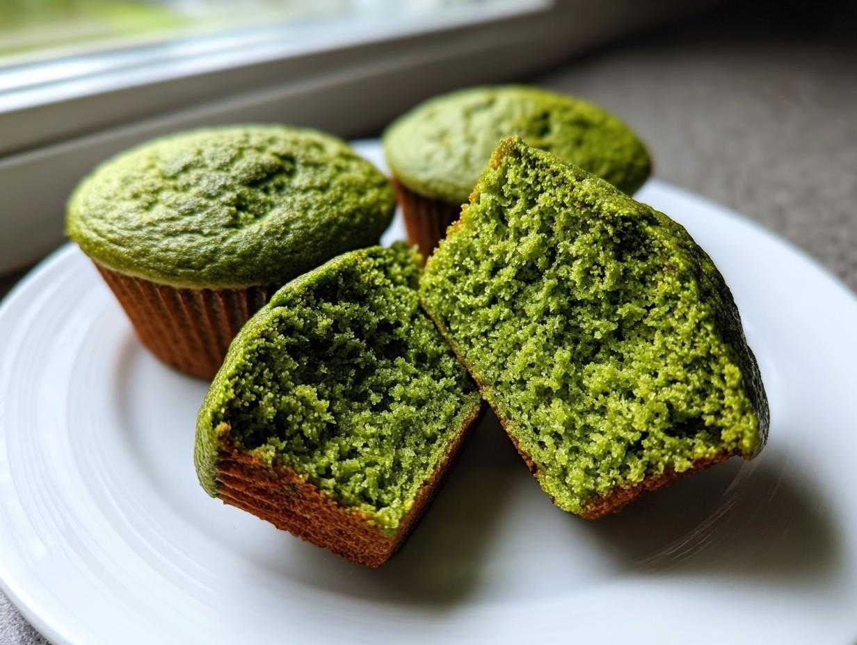 Zbliżenie na babeczki ze szpinakiem, jedna przekrojona na pół, ukazująca wilgotne, zielone wnętrze.