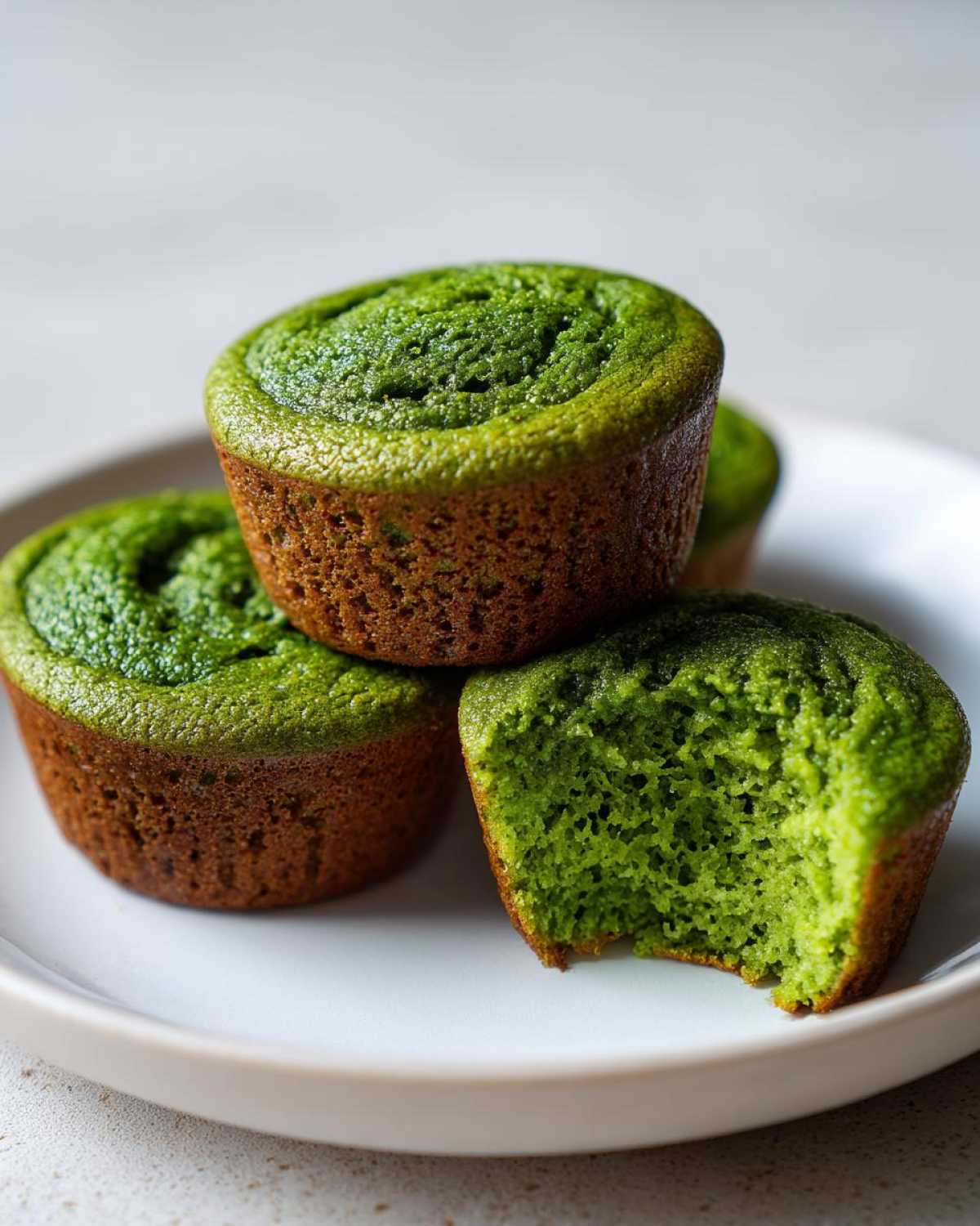 Zbliżenie na kilka babeczek ze szpinakiem, jedna z nich jest nadgryziona, ukazując wilgotne, zielone wnętrze.