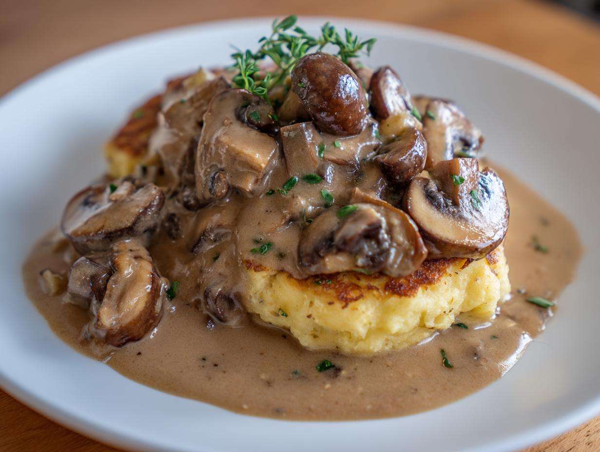 Placki ziemniaczane polane obficie kremowym sosem pieczarkowym, udekorowane tymiankiem.