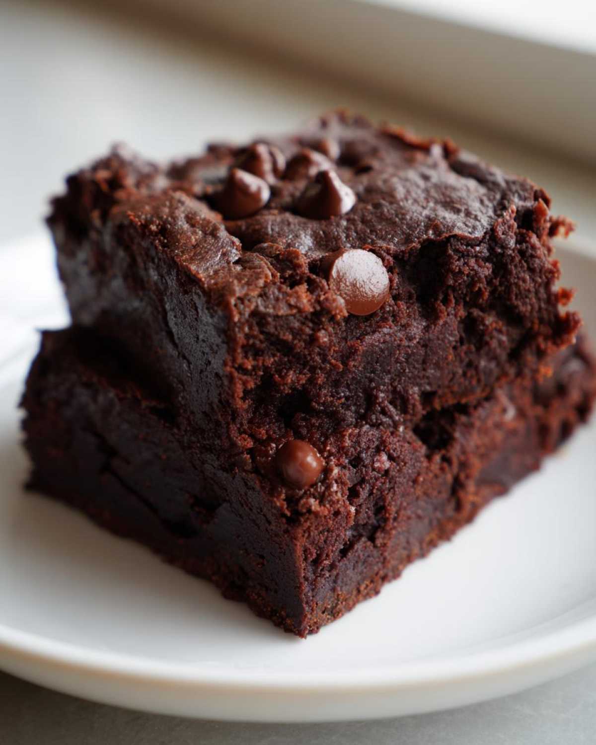 Zbliżenie na wilgotne, czekoladowe brownie z fasoli czerwonej, posypane kawałkami czekolady.