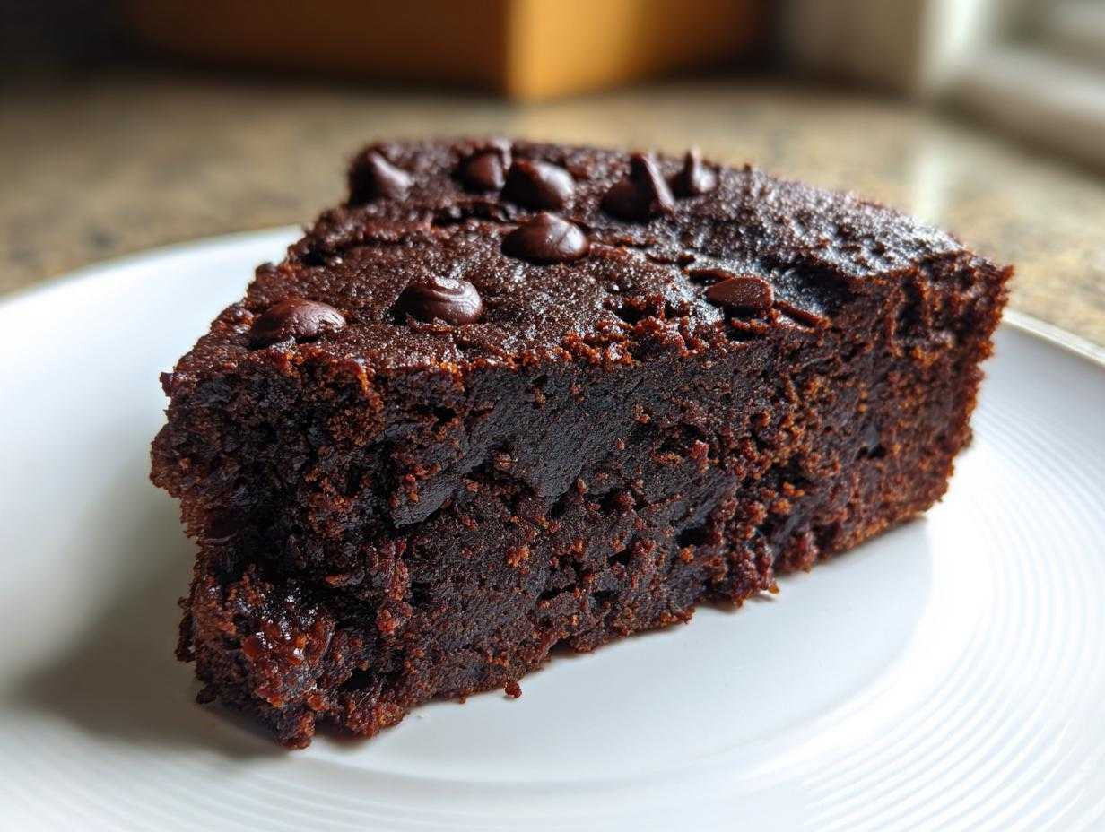 Kawałek wilgotnego, ciemnobrązowego Brownie z fasoli czerwonej posypane kawałkami czekolady.