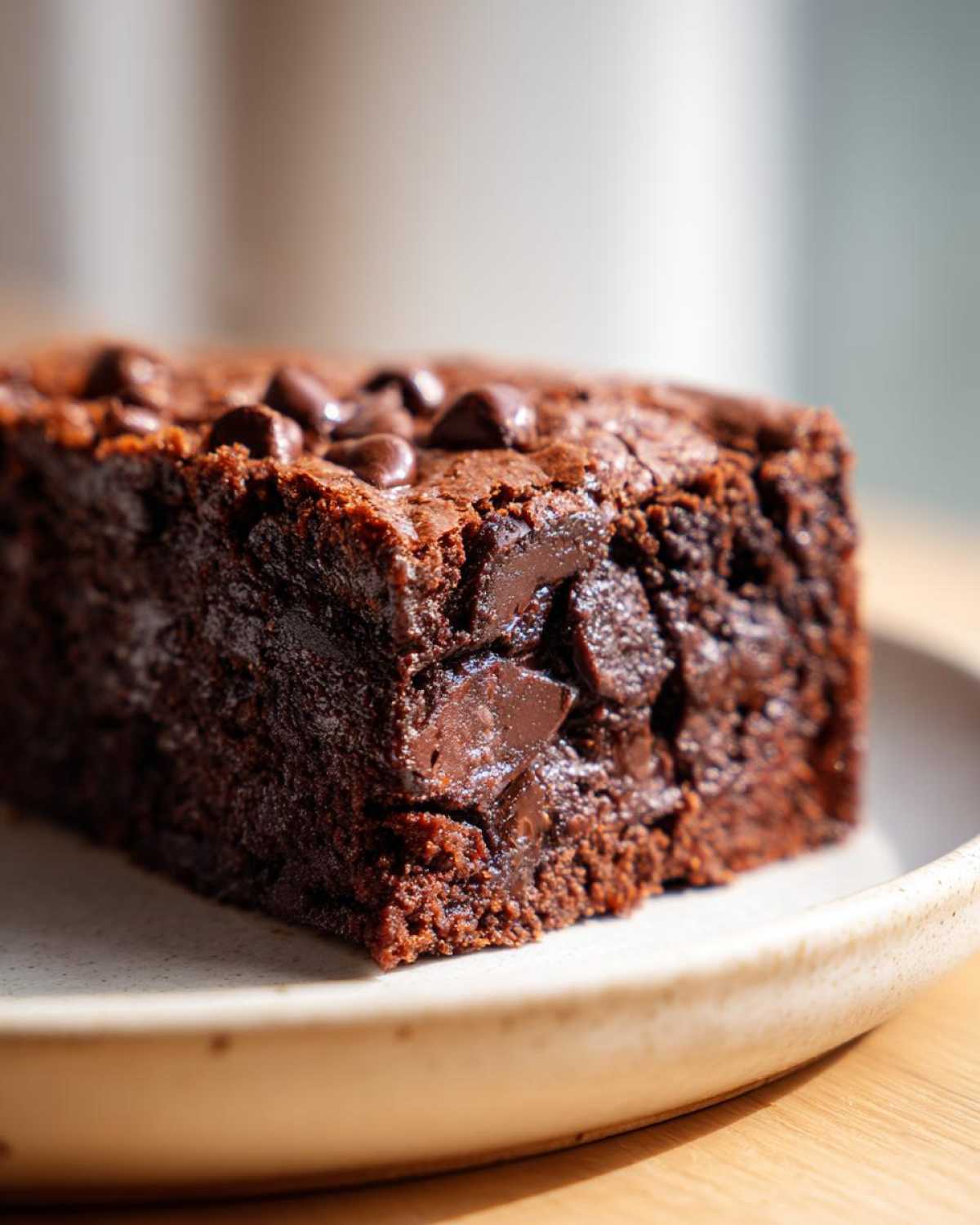 Zbliżenie na wilgotne, czekoladowe Brownie z fasoli czerwonej posypane kawałkami czekolady na jasnym talerzu.