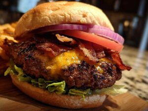 Zbliżenie na soczysty Burger wołowy domowy z roztopionym serem cheddar, chrupiącym bekonem, sałatą i czerwoną cebulą.