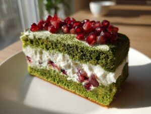Kawałek Ciasto Leśny Mech z zielonym biszkoptem, białą masą i granatem na wierzchu.