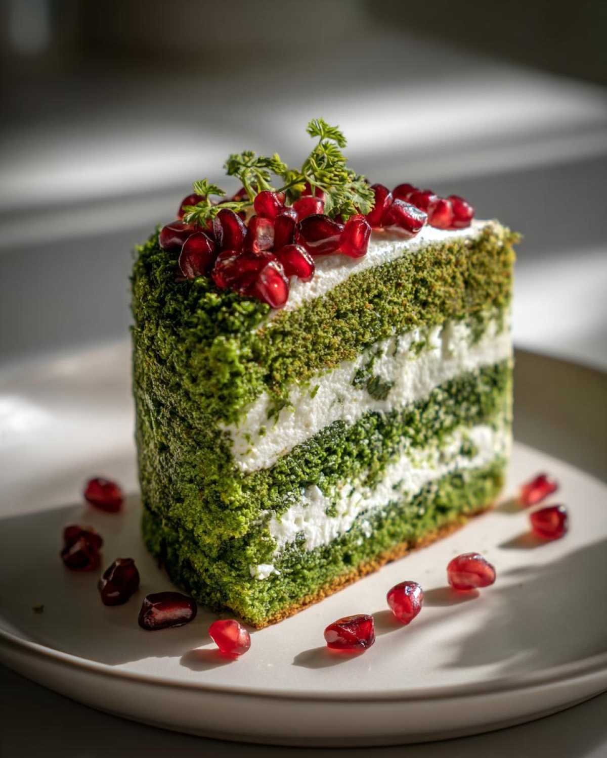 Kawałek Ciasta Leśny Mech z zielonym biszkoptem, kremem i dekoracją z ziaren granatu.