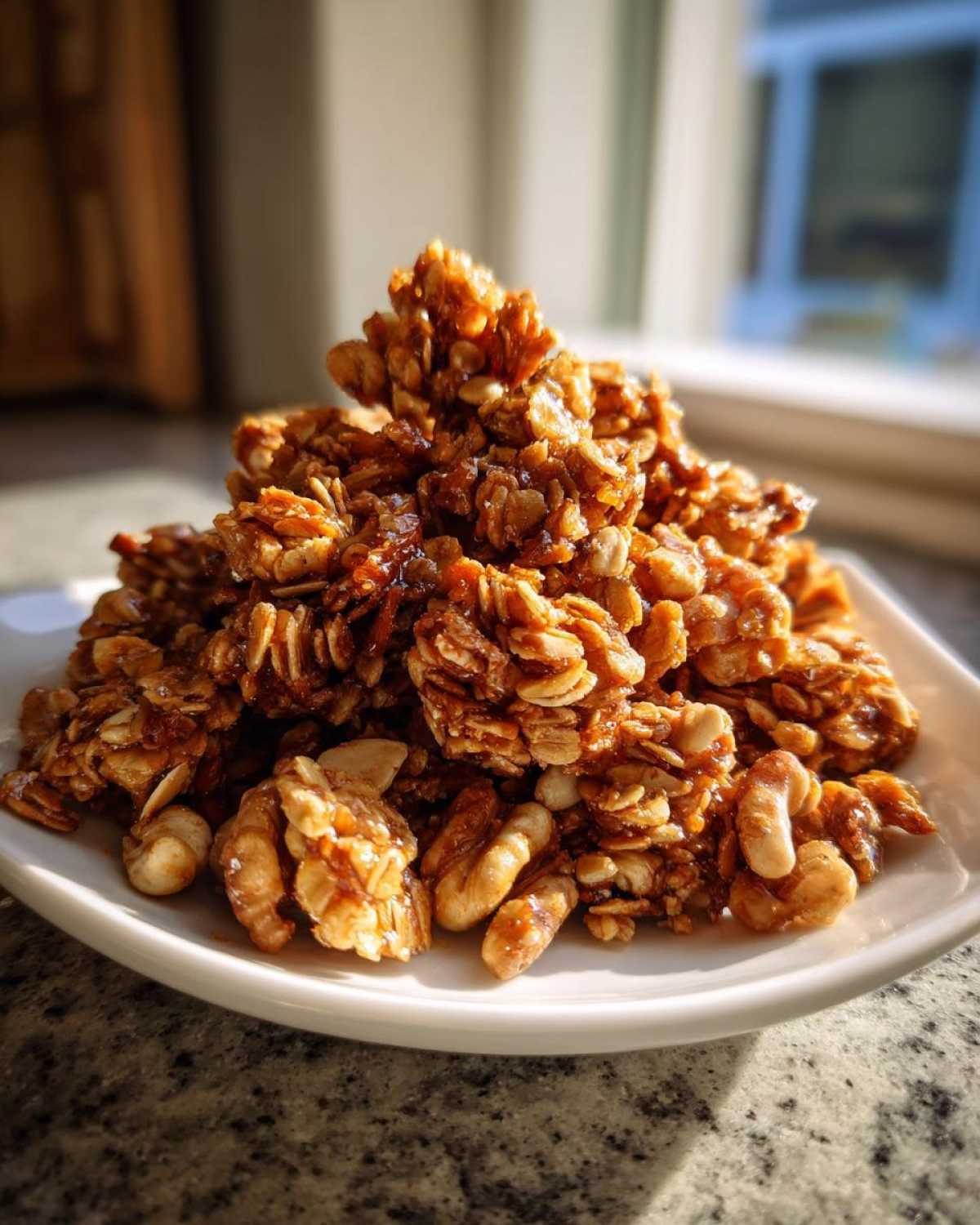 Karmelizowana Domowa granola z orzechami ułożona w kopczyk na białym talerzyku.