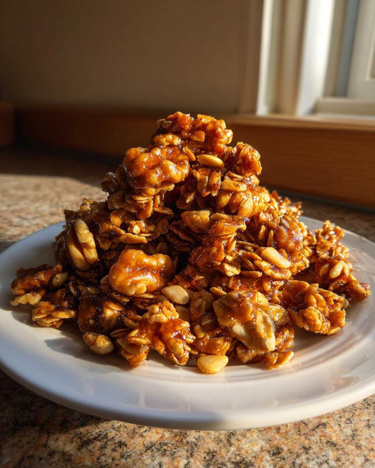 Karmelizowana Domowa granola z orzechami i płatkami owsianymi ułożona w kopiec na białym talerzu.