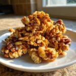 Zbliżenie na chrupiące kawałki Domowa granola z orzechami polane miodem na białym talerzyku.