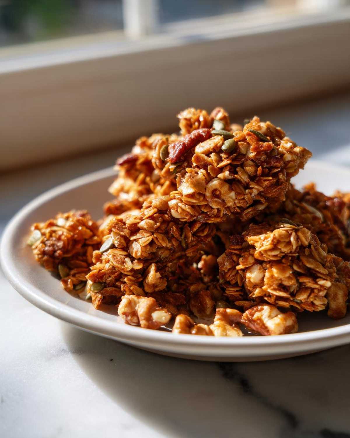 Zbliżenie na porcję chrupiącej Domowa granola z orzechami, widoczne płatki owsiane, orzechy włoskie i pestki dyni.