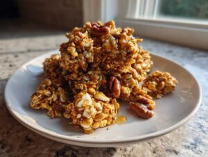 Kawałki karmelizowanej domowa granola z orzechami i płatkami owsianymi na jasnym talerzu.