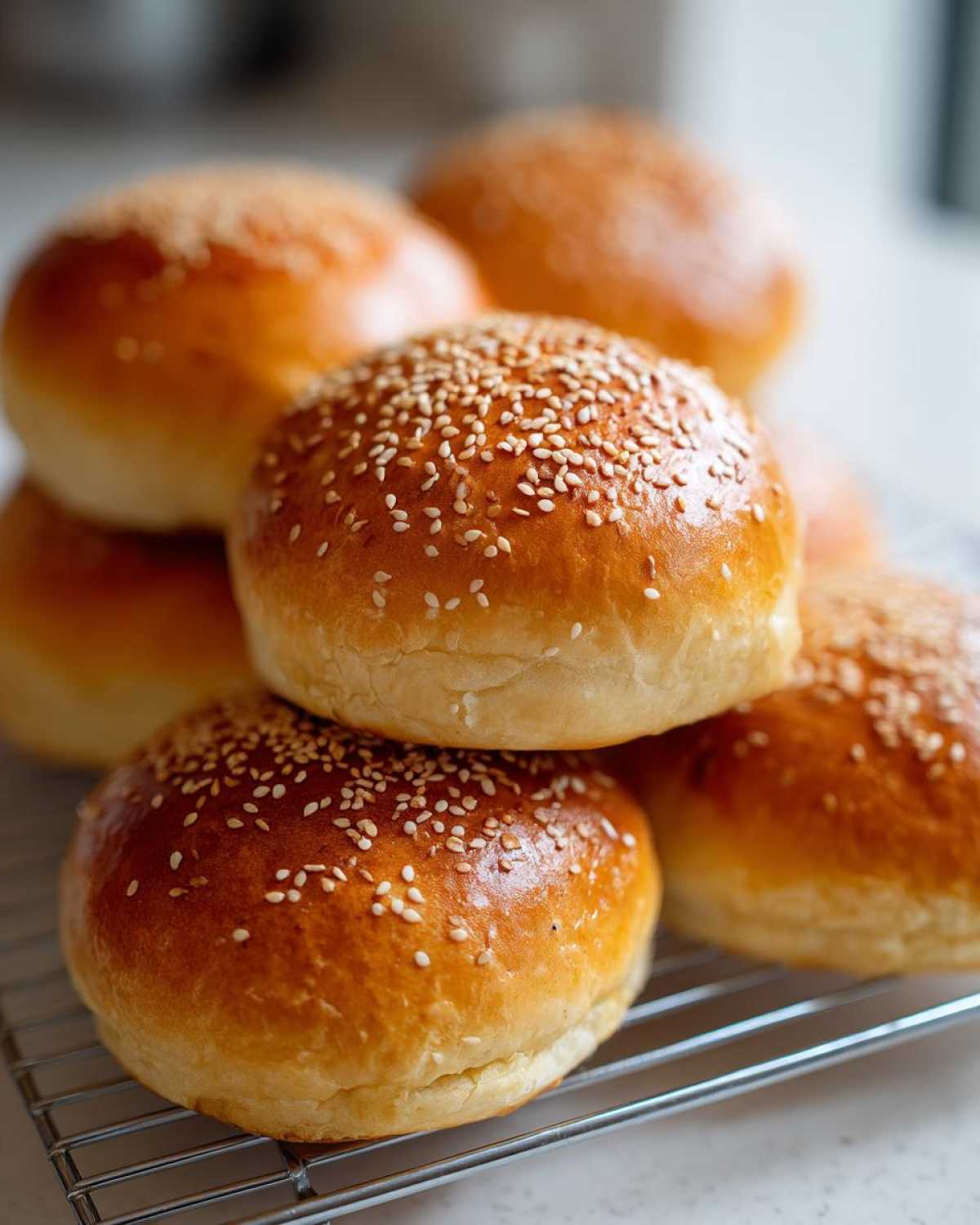 Zbliżenie na stos puszystych, złocistych domowe bułki do burgerów posypane sezamem, leżące na kratce.