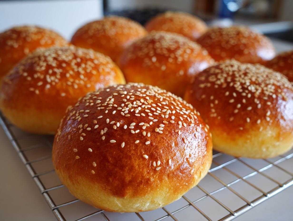 Zbliżenie na złociste, błyszczące domowe bułki do burgerów posypane sezamem, studzące się na kratce.