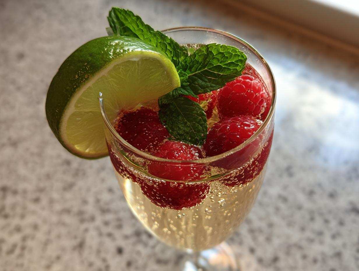 Zbliżenie na kieliszek musującego drinka z Prosecco, udekorowanego malinami, listkami mięty i plasterkiem limonki.