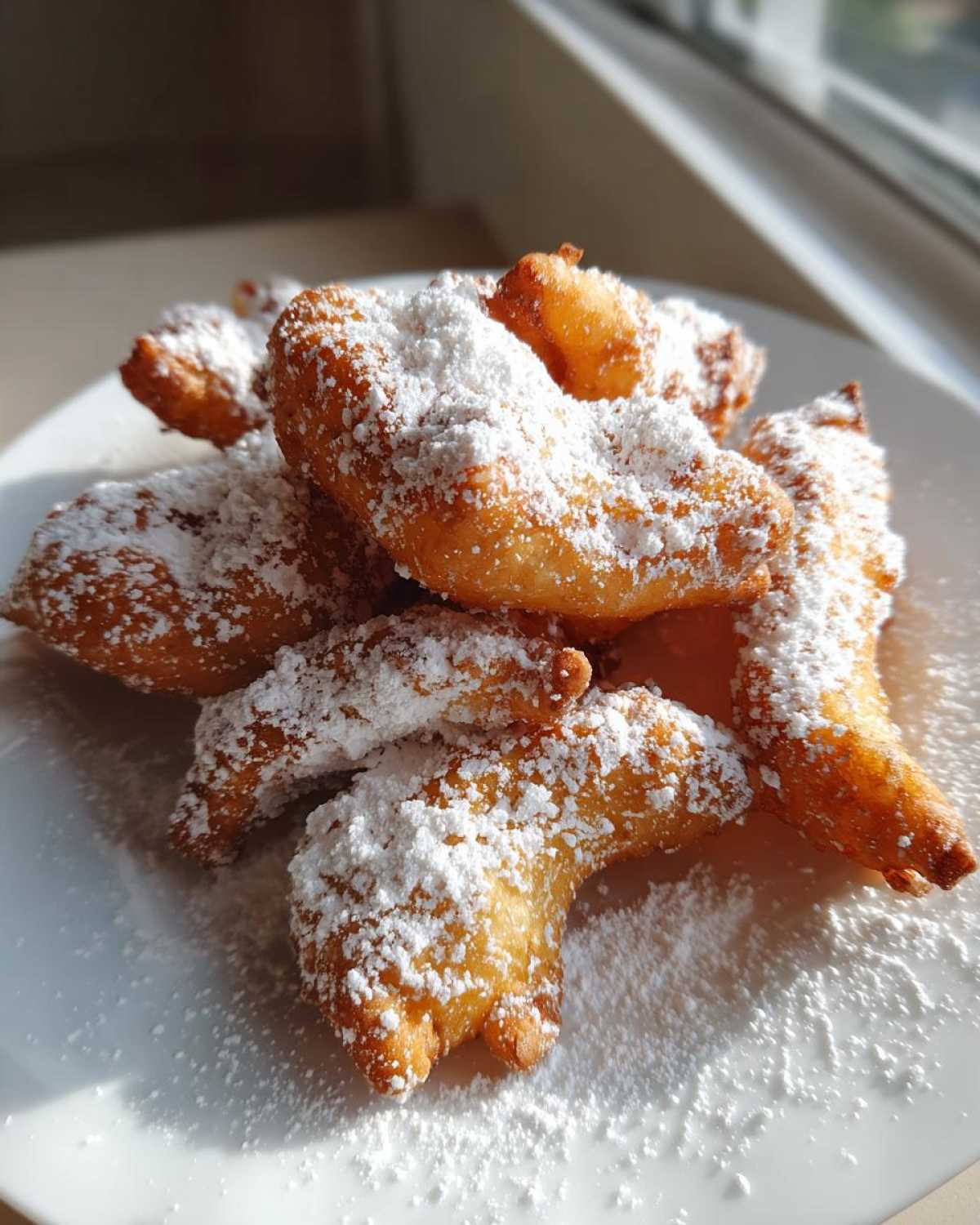 Stos puszystych, złocistych faworków tradycyjnych obficie posypanych cukrem pudrem na białym talerzu.