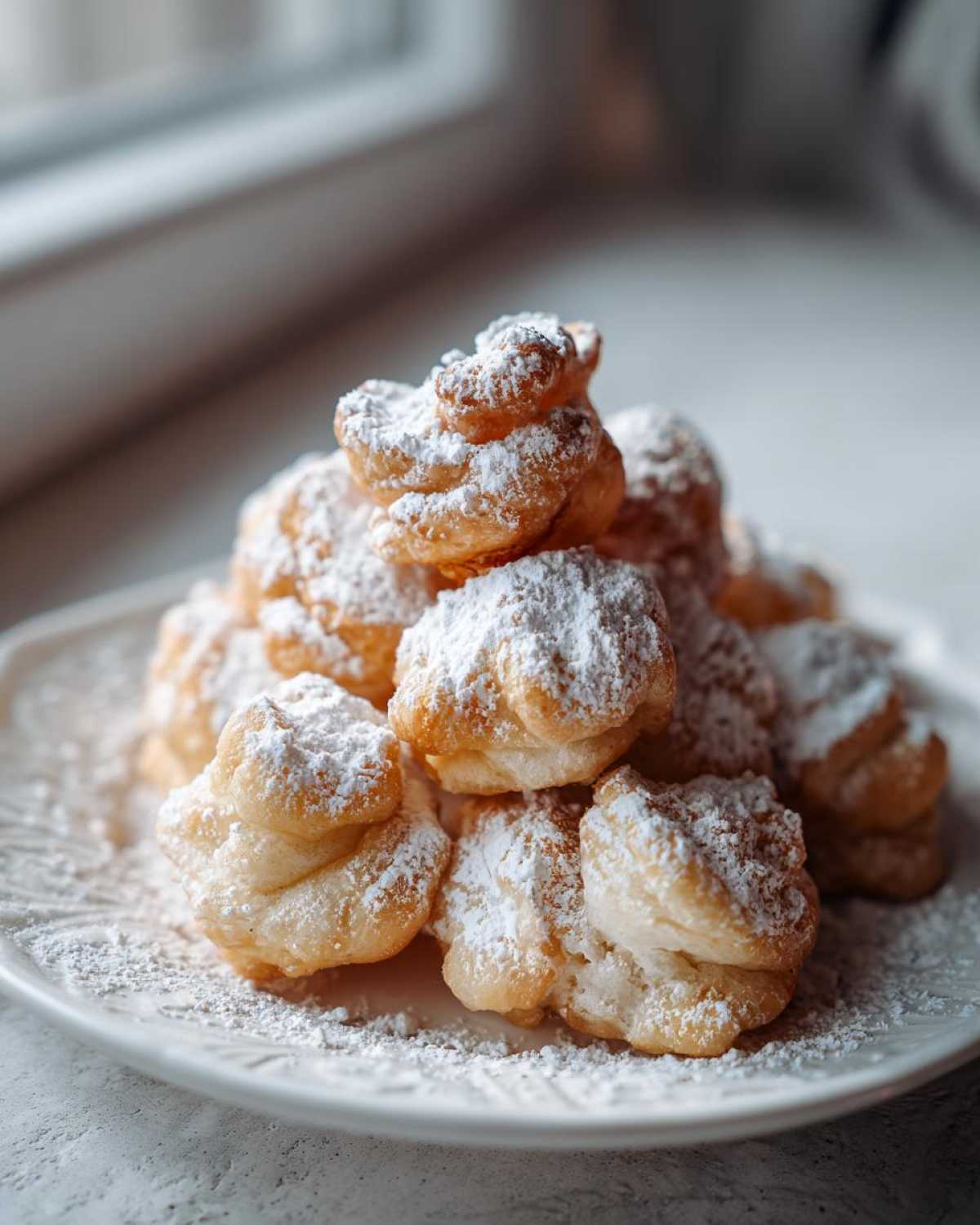 Stos chrupiących Faworki tradycyjne obficie posypanych cukrem pudrem na białym talerzu.