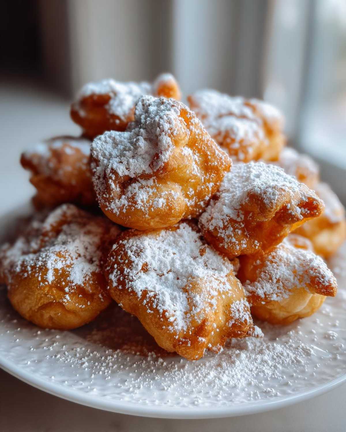 Stos puszystych, złocistych faworków tradycyjnych obficie posypanych cukrem pudrem na białym talerzu.