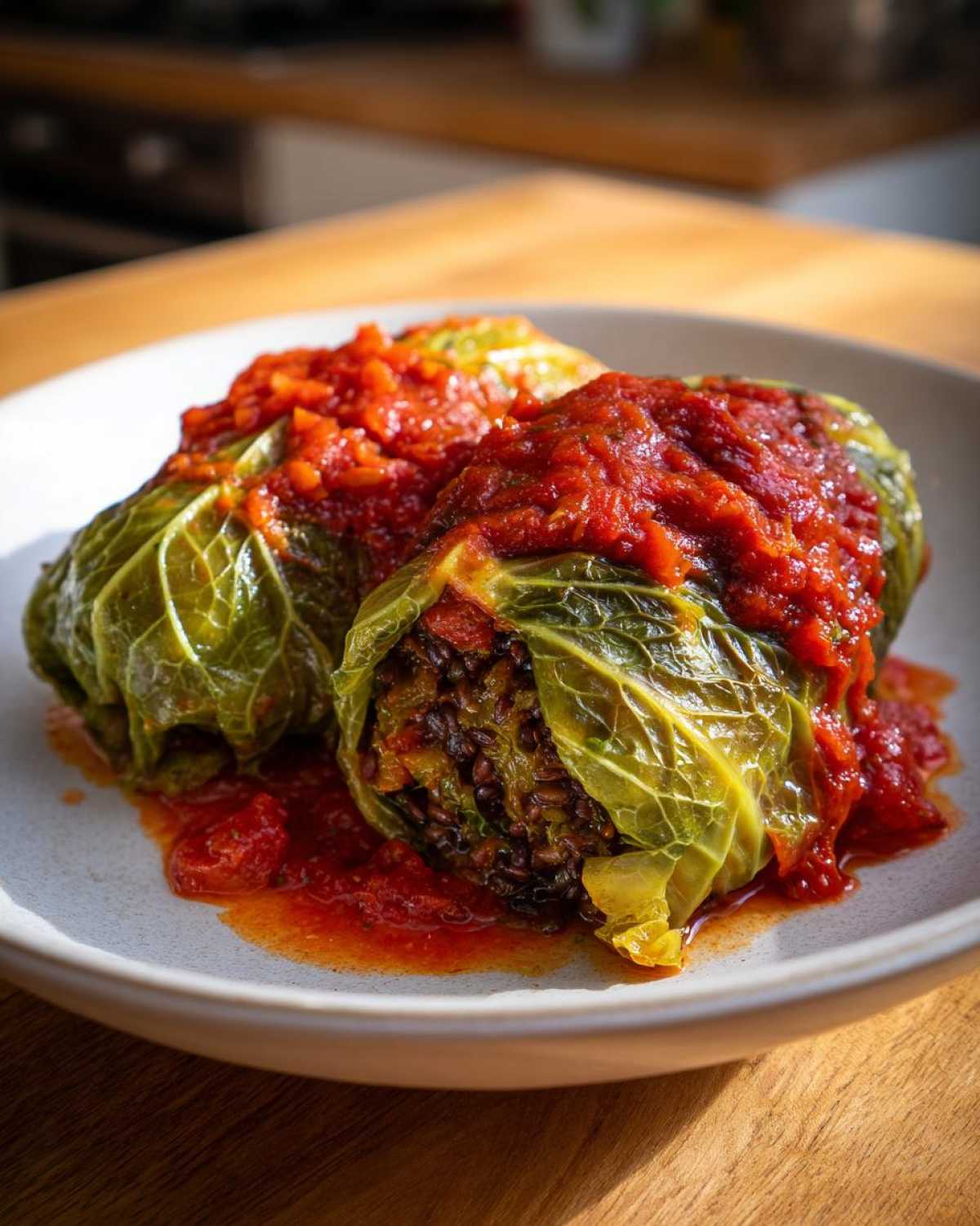 Dwa gołąbki z kaszą i pieczarkami podane na talerzu, polane obficie sosem pomidorowym.