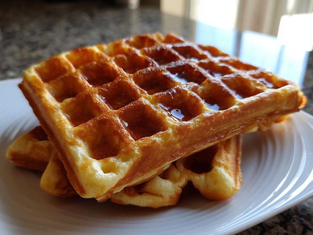 Dwa złociste Gofry domowe chrupiące polane syropem na białym talerzu.