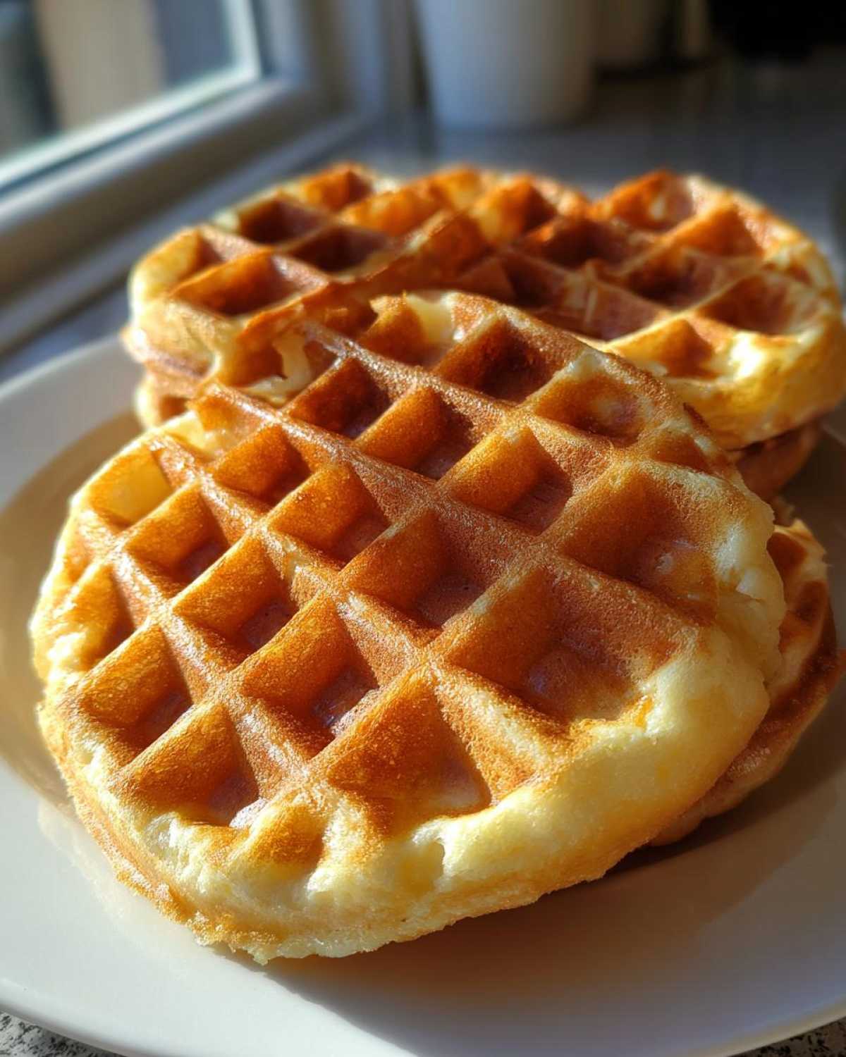 Zbliżenie na stos złotych, chrupiących gofrów domowych, podanych na białym talerzu.