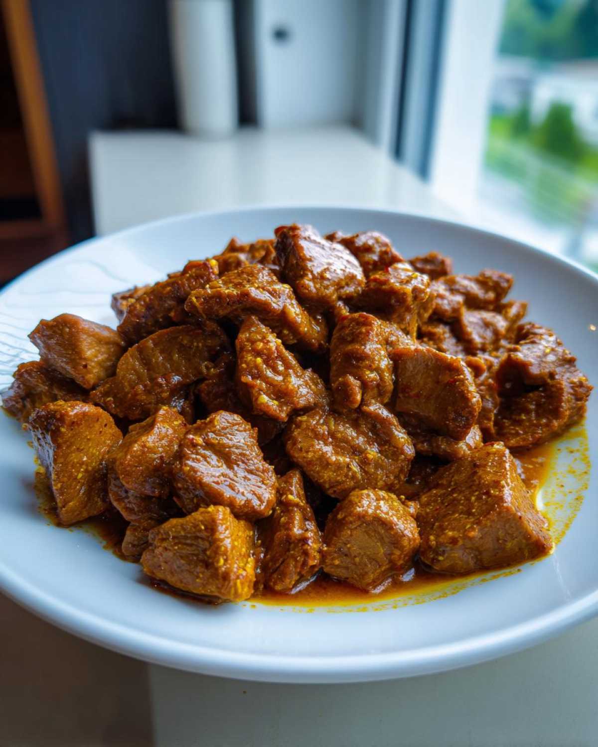 Kawałki soczystego Gulasz wieprzowy z szynki w gęstym, pomarańczowo-brązowym sosie na białym talerzu.