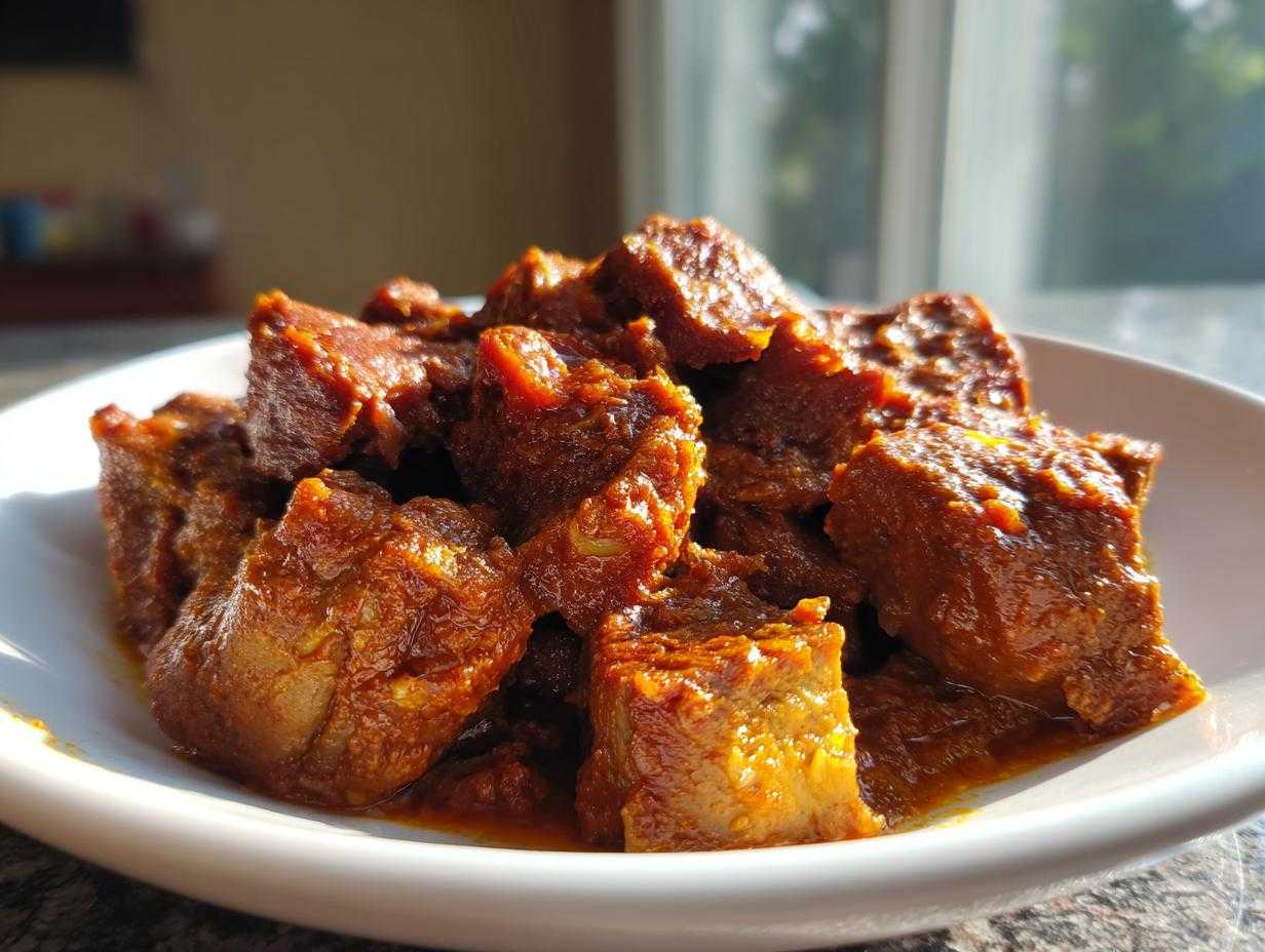 Kawałki aromatycznego Gulasz wieprzowy z szynki w gęstym, czerwonym sosie, podane na białym talerzu.