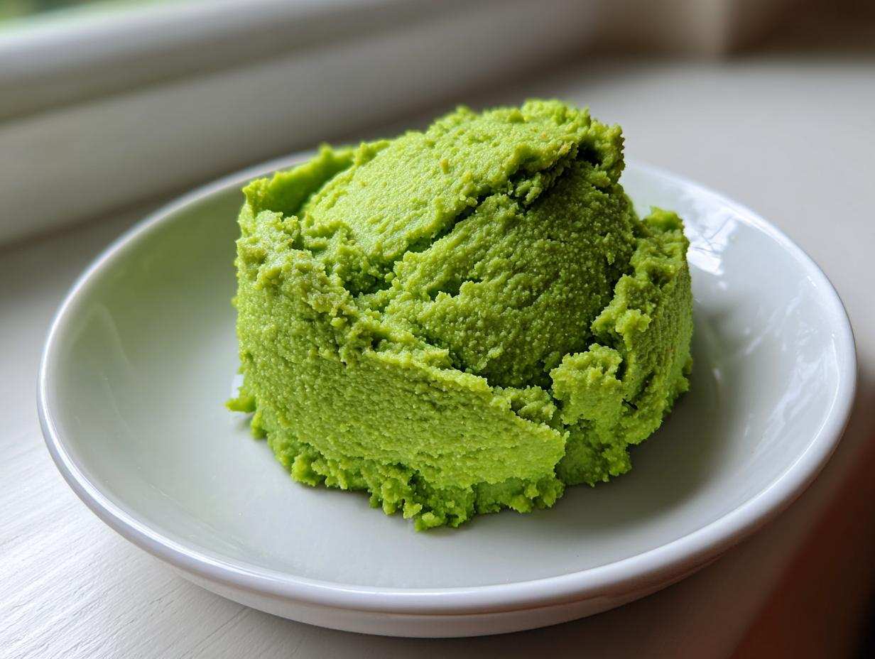 Porcja intensywnie zielonej, gęstej pasty z groszku zielonego na białym talerzyku.