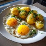 Dwa jajka sadzone z płynnymi żółtkami podane z młodymi ziemniakami i koperkiem.