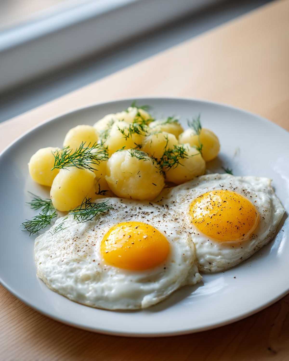 Dwa jajka sadzone z płynnymi żółtkami, podane z młodymi ziemniakami i koperkiem, idealne do Jajka sadzone z ziemniakami i kefirem.