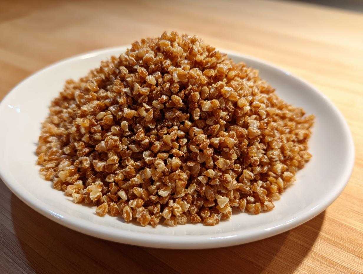 Zbliżenie na kopczyk idealnie sypkiej kaszy gryczanej podanej na białym talerzu.