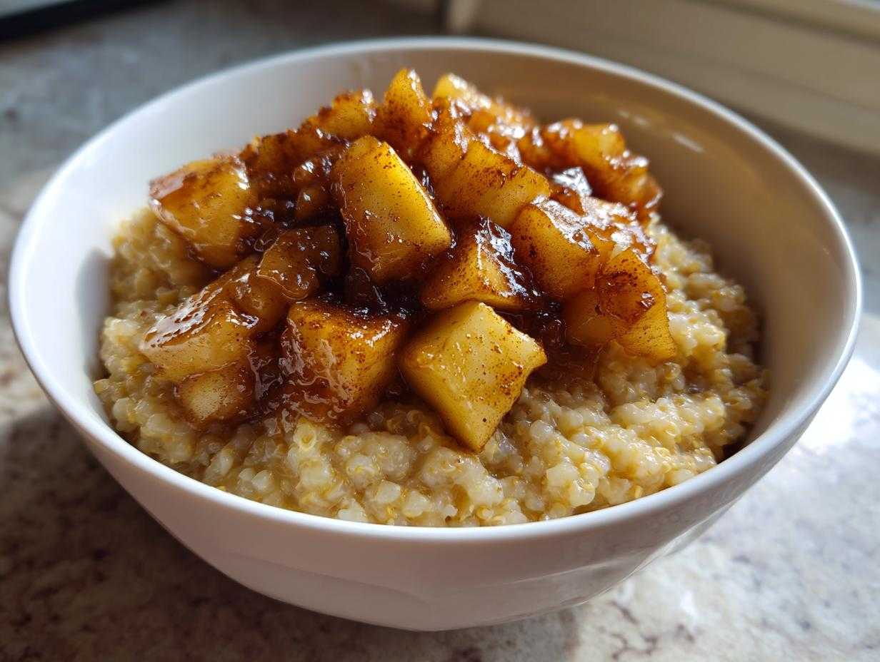 Zbliżenie na miskę pełną kaszy jaglanej z jabłkami karmelizowanymi i cynamonem.