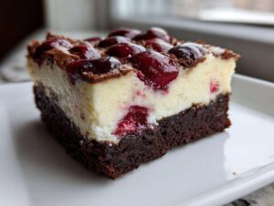 Zbliżenie na kawałek Sernikobrownie (Czekolada + Ser) z warstwą sernika i wiśniami na wierzchu.