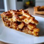 Zbliżenie na kawałek Tarta z jabłkami i cynamonem z chrupiącą kratką na białym talerzu.
