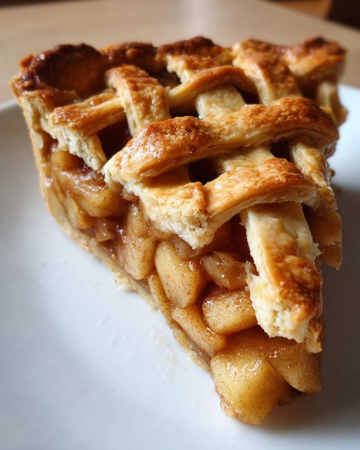 Zbliżenie na kawałek Tarta z jabłkami i cynamonem z chrupiącym ciastem w kratkę i soczystym nadzieniem.