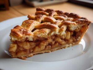 Zbliżenie na kawałek Tarta z jabłkami i cynamonem z kratką z ciasta na białym talerzu.