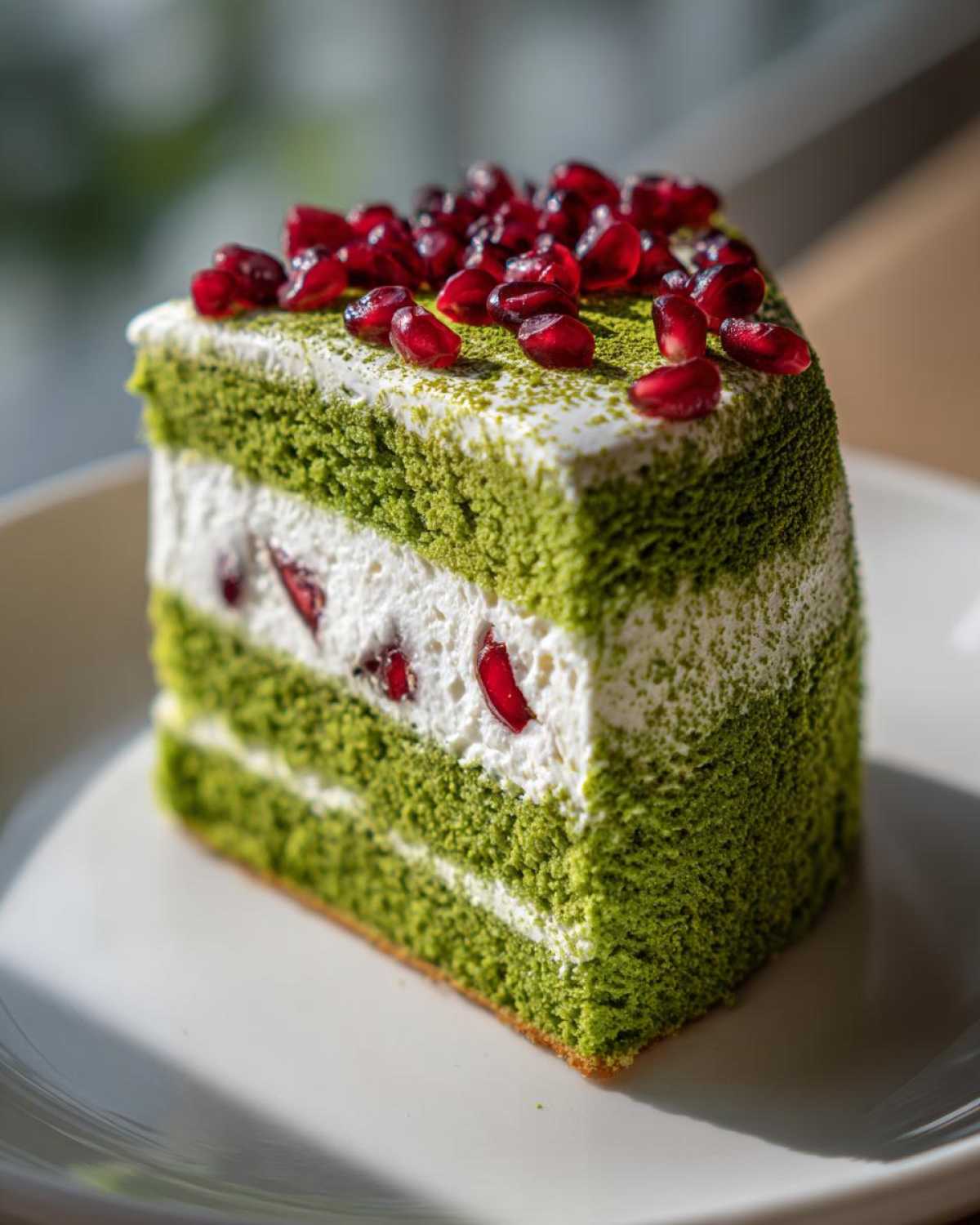 Kawałek Ciasto Leśny Mech z zielonym biszkoptem, białą masą i pestkami granatu na wierzchu.