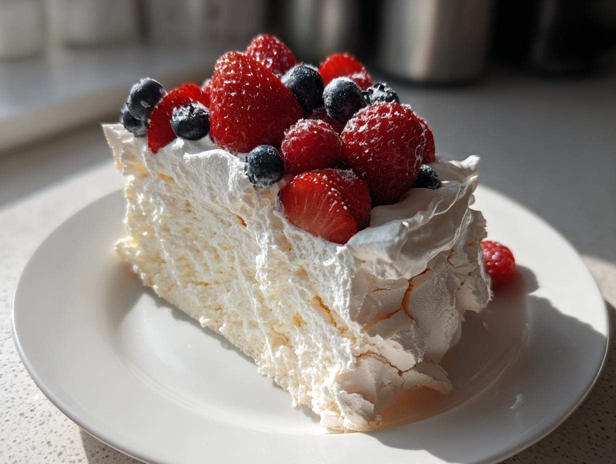 Kawałek puszystego Tortu Bezowego Pavlova udekorowany bitą śmietaną i świeżymi truskawkami oraz borówkami.