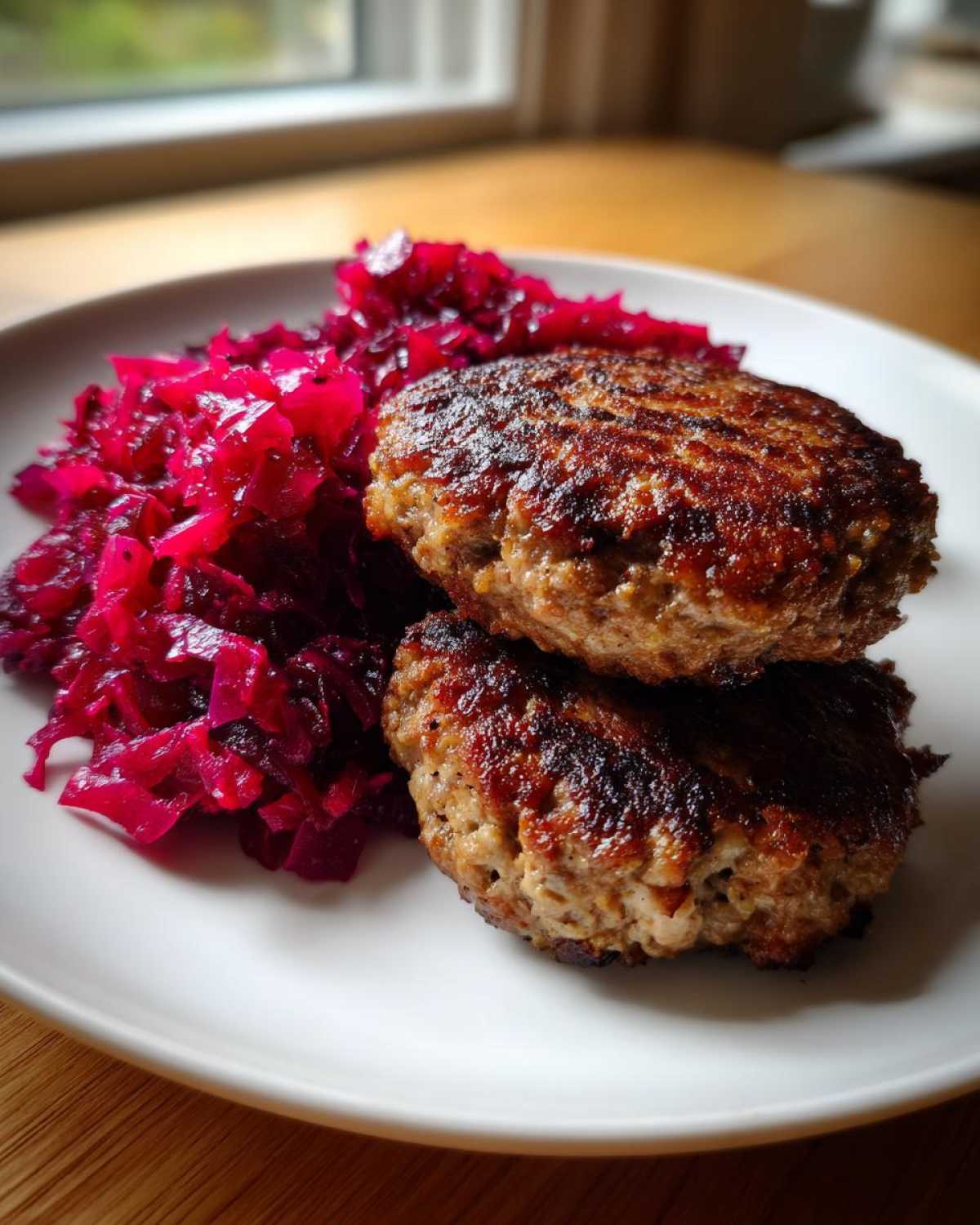 Dwa złociste Kotlety mielone z buraczkami podane na białym talerzu.