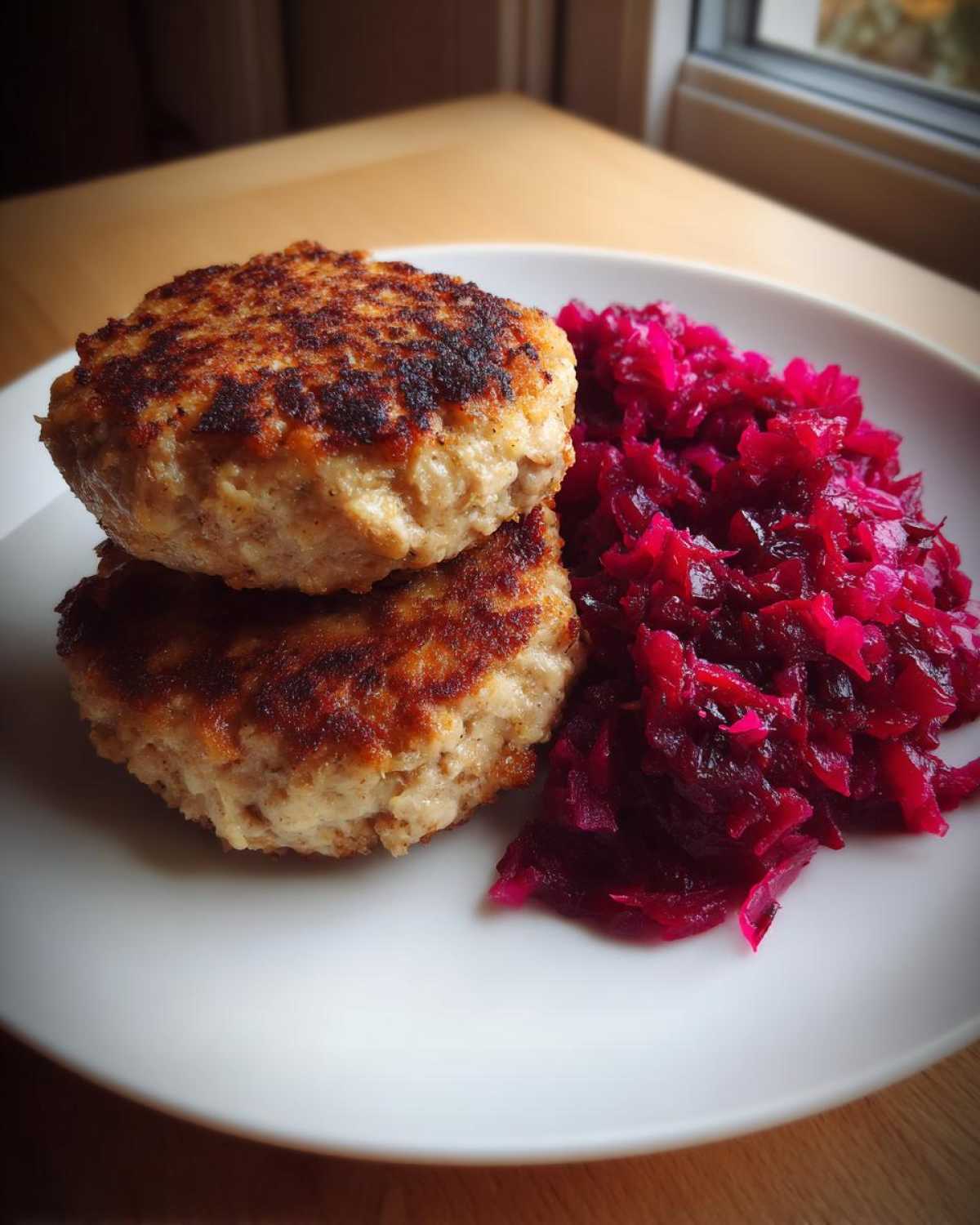 Dwa złociste kotlety mielone ułożone na białym talerzu obok porcji jasnoczerwonych buraczków.