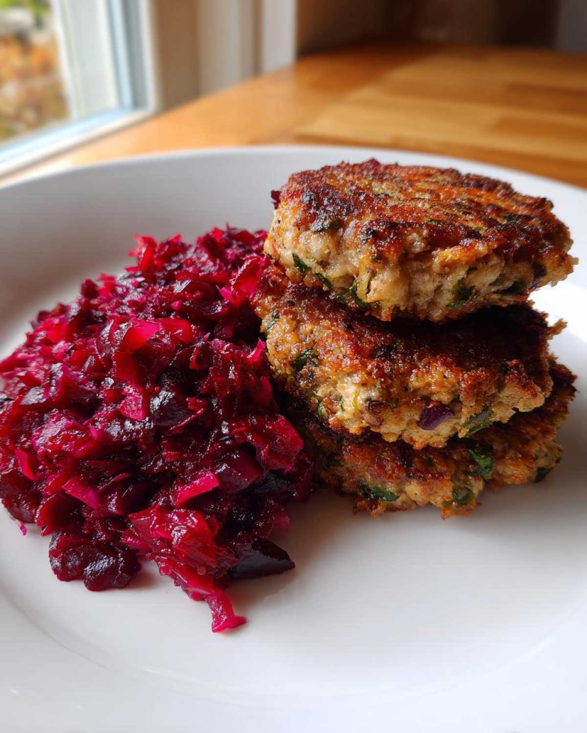 Trzy złociste Kotlety mielone z buraczkami ułożone jeden na drugim obok porcji czerwonych buraczków.