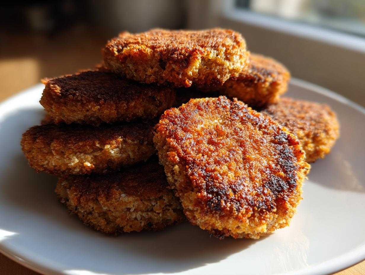 Stos usmażonych, złocistych Kotlety z kaszy gryczanej i twarogu na białym talerzu, oświetlone słońcem.